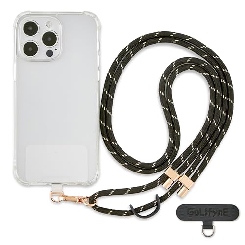 Image of Phone Lanyard Crossbody, Anti Theft Phone Strap with 2 Tether Tabs | With Leather Loop, Premium Metal Buckles, Adjustable Cell Phone Lanyard for Travel, Fits Most Smartphones, Black-Gold