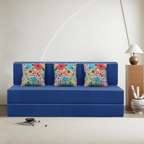 Image of Rosebell Sofa Cum Bed Three Seater, Foldable Sofa Bed 5 X 6 Feet, Jute Fabric- Washable Cover- Including Two Cushion Perfect for Home & Office - Blue