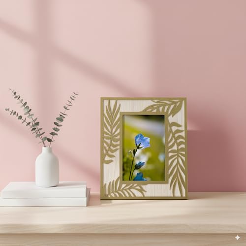 Image of Rectangle Photo Frame | Wooden Decorative Picture Frame with Leaf Laser Cut Border & Clear Acrylic Front | Wall & Tabletop Display | Premium Home Decor & Gift