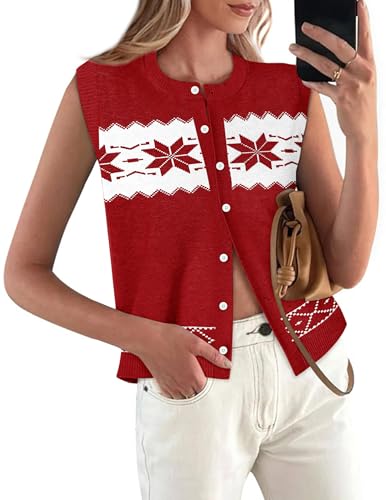 Christmas Sweaters for Women Button Down Printed Sweater Vest Trendy Holiday Sleeveless Going Out Crop Tops