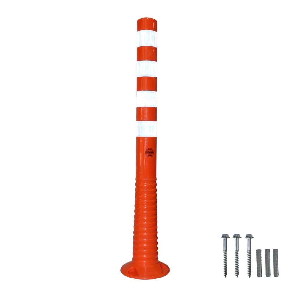 Poteau de signalisation pour la sécurité routière 100 x 8 cm | Guide flexible réfléchissant orange résistant aux chocs avec vis et ancrage à ressort incassable