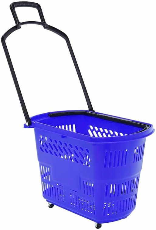 6PCS Plastic Shopping Basket with Handles & Wheels, 35L Grocery Basket with 4 Wheels Utility Carts, Portable Rolling Shopping Baskets for Supermarkets and Retail Stores, Blue