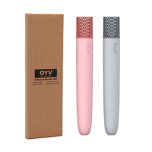OYV Pastry Brush, Basting Brush BBQ Sauce Marinade Meat Silicone Oil Brush Heat Resistant Food Grade Cooking Brush for Baking, Cooking, Marinade, Sauce, Steaks (Gray+Pink)