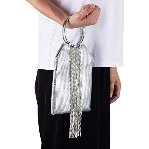 Image of Wrist Handle Cocktail Party Wedding Evening Clutch Crystal Rhinestone Tassels Tote Handbag Metal Mesh Evening Bag