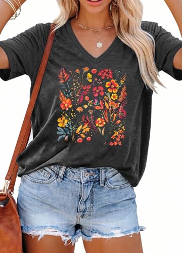 YEXIPO Womens Graphic Tees V Neck T Shirts Short Sleeve Cute Summer Tops