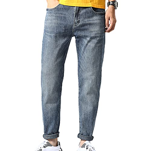 Men's Small Feet Casual Jeans Fashionable Comfy Mid-rise Slim Fit Jean Pants Younger-Looking Straight Denim Trousers (Blue,30)