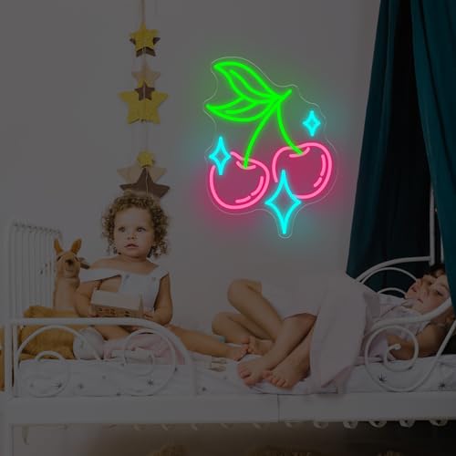 Image of Cherry Bling Neon Sign Aesthetic LED Wall Light for Bedroom Bar Sign, Cute Fruit LED Light, Retro Vintage Dormitory Room Decor, Gift for Her, 16.5 inchx12.4 inch