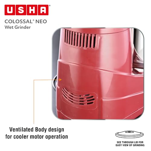 Image of USHA Colossal Neo 2 litres Table-Top Wet Grinder, 150W 100% Copper Motor, Dual Stones, Stainless Steel Drum, 10 Years Warranty on Motor, Free Home Service (Cherry Red)