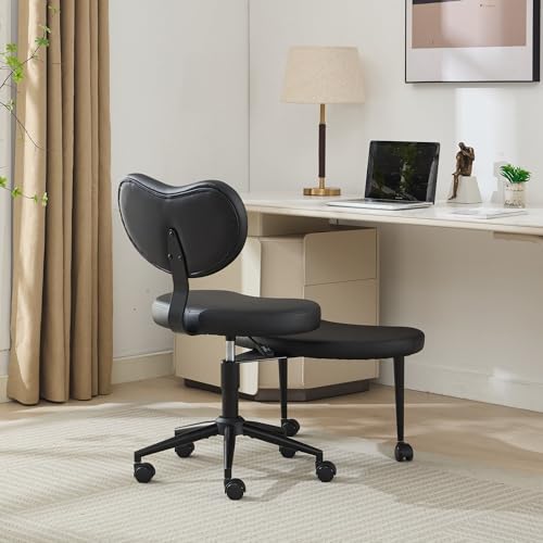Image of Active Sitting Revolution Office Chair - Cross-Legged & Kneeling Positions, 4.2 inch Thick Cushion, 360 Footstool, 250lbs Weight Support, Home Office /Yoga /Meditation (PU Leather, Black)