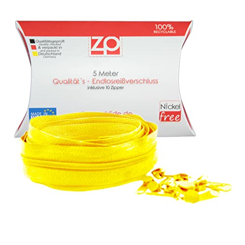 Zipp & Slide® 3 mm Endlosreißverschluss - Nickel Frei! - 5 Meter inkl. 10 Zipper, Gelb Cover