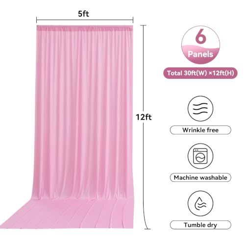 Image of 30ftx12ft Pink Backdrop Curtains for Parties, Wrinkle Free Polyester Pink Photo Backdrop Drapes 6 Panels 12 ft Long Back Drop Cloth for Wedding Birthday Photography Background Party