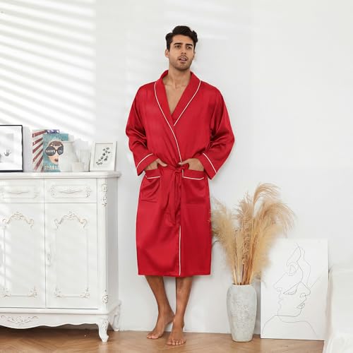 Image of Vulcanodon Men's Satin Robe Lightweight,Men's Luxurious Silk Kimono Bathrobe