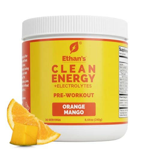 Image of Ethan's Feel Good Pre-Workout & Hydration Drink Mix, 200mg Plant-Based Caffeine, Electrolytes & Adaptogens, Vegan Organic - Orange-Mango, 30 Servings