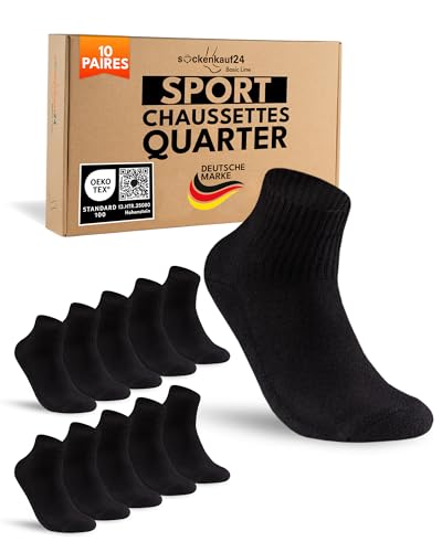 sockenkauf24 10 Paires Chaussettes Sport Quarter Homme 43-46 Noir Chaussettes Tennis Respirantes et Renforcées