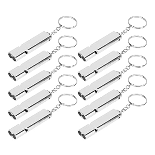 Emergency Whistle, 10Pcs Survival Safety Whistles for Outdoor Camping Aluminum Alloy High Frequency Survival Whistle with Keychain (Silver)