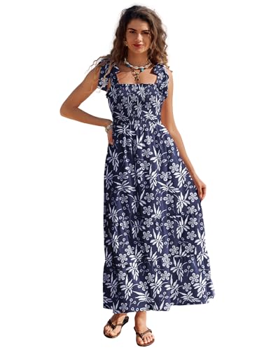 Image of Kate Kasin Ladies Summer Dresses Boho Floral Smocked Maxi A-Line Dress Women's Casual Dresses for Beach Party Wedding Holiday Navy Blue S