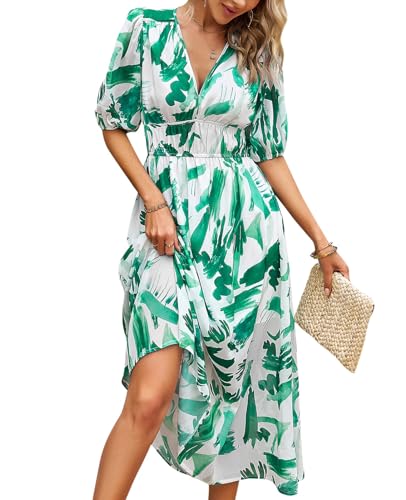 Image of UONBOX Women's V Neck Floral Dress Summer 2025 Trendy Pleated Boho Flowy Puff Sleeve Maxi Dress