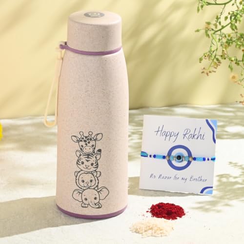 Image of Eha Earth Friendly Rakshabandhan Gift Made with Rice Husk| 400 ml, Set of 1 | Printed Bottle, Rakhi, Keychain, Roli Chawal and Card| Rakhi bottle gift for brother | Rakhi Hamper