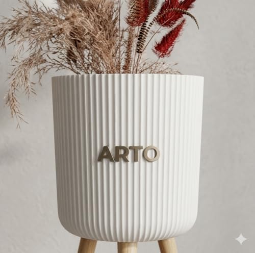 Image of Arto Ribbed Planter Pot Set with Wooden Legs - White Indoor Plant Stand | Set of 2 Modern Mid‑Century Planter Pots for Home Decor | Elevated Plant Stands for Living Room, Balcony
