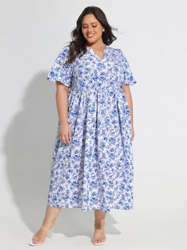 Image of TIYOMI Women Plus Size Dress Boho V Neck Short Sleeve Beach Maxi Dresses Floral /Stripe /Leaves /Lemon XL-5XL