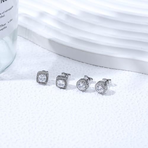 Image of NEWITIN 2 Pairs Silver Stud Earrings for Women Hypoallergenic Earring Stainless Steel Inlaid Cubic Zirconia Studs Earring Diamond Halo Stud Earrings for Women Men