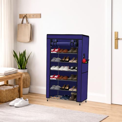 Image of Metal Shoe Stand with Cover, 6 Tier Shoe Organizer for Home & Office - Blue