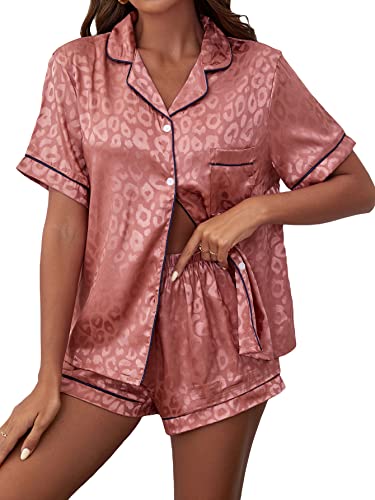 Romwe Women's 2 Piece Satin Pajama Set Short Sleeve Button Down Shirt And Shorts Sleepwear Dusty Pink M #TOP1
