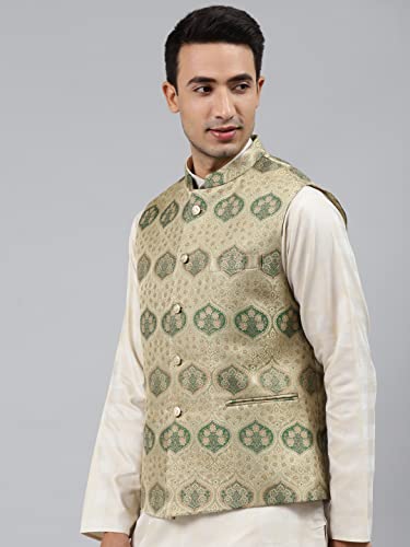 Image of MANQ Men Fawn Woven Jaquard Silk Nehru Jacket