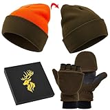 Jadive Geschenke für Jäger Jagdmütze mit Jagdhandschuhe Strickmütze Winterhandschuhe Beanie Hut Holzfäller Mütze Angelhandschuhe Unisex Jagdbekleidung Jagd Zubehör für Herren und Damen(Wendemütze)