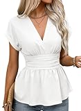 Astylish Women's Spring Ruched Waist Peplum Blouse Solid Dressy V Neck Short Sleeve Smocked Shirt Tops 2026 White Small