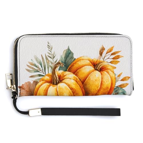 Watercolor Pumpkins And Leaves PU Leather Clutch Long Bifold Wallet, Coin Purse Credit Pass Case, Durable Card-Holder Money Storage for Women Men