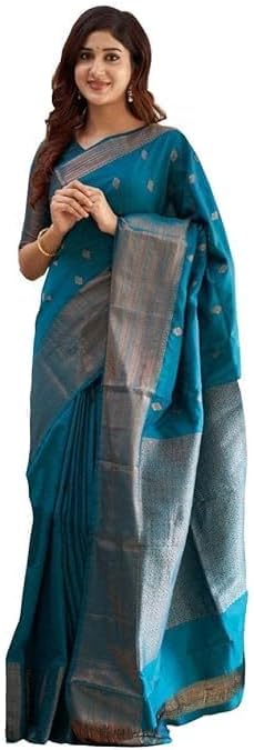 Women's Banarasi Kanjivaram Cotton Silk Saree, Jacquard Printed Traditional Saree with Unstitched Blouse Piece, Ethnic Wear for Wedding, Festival & Party