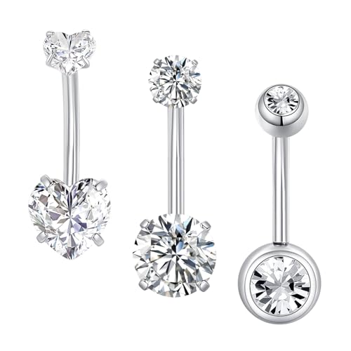 Besyvvin 3pcs Belly Bars 12mm Silver Surgical Steel 14G Heart Navel Button Rings Silver Belly Piercing Jewellery for Women