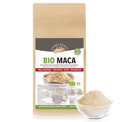 GOLDEN PEANUT Maca Pulver 1 kg, Bio Maca aus Peru, abgefüllt in Deutschland, Rohkost ohne Zusätze, Lepidium meyenii, gelbe Macawurzel