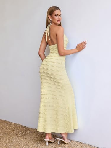 Image of HTZMO Women Wedding Guest Ruffle Bodycon Maxi Dress Halter V Neck Beach Vacation Summer Long Dresses 2026