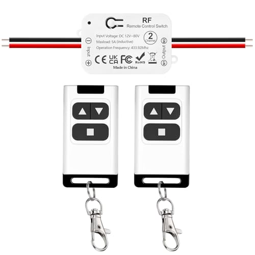 Interrupteur Télécommande Sans Fil Moteur CC 12V 24V 80V Contrôle Marche Avant/Arrière. Compatible portes de garage, portails, volets roulants, stores électriques, pompes. Livré avec 2 télécommandes
