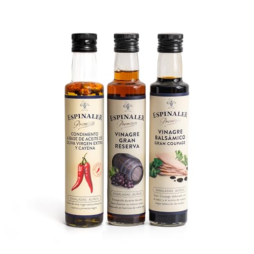 Pack de 3 Vinagres Espinaler - Vinagre Gran Reserva Premium, Vinagre Balsámico Gran Coupage, Condimento a Base de Aceite de Oliva Extra Virgen y Cayena - Pack Regalo Gourmet