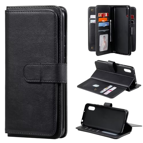 TiHen Compatible con Cover OPPO A3S, Portafoglio Custodia Magnetica Flip PU Pelle con Slot per Schede, Kickstand Caso+2X Vetro Temperato-Nero