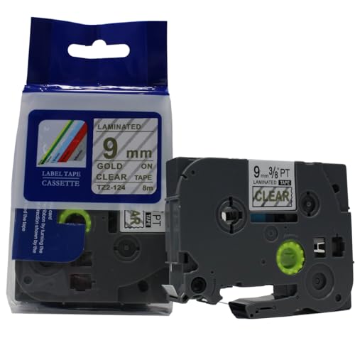 Fita Refil Compatível TZ-124 TZe-124 Transparente incolor com escrita em Dourado 9mm para Rotulador