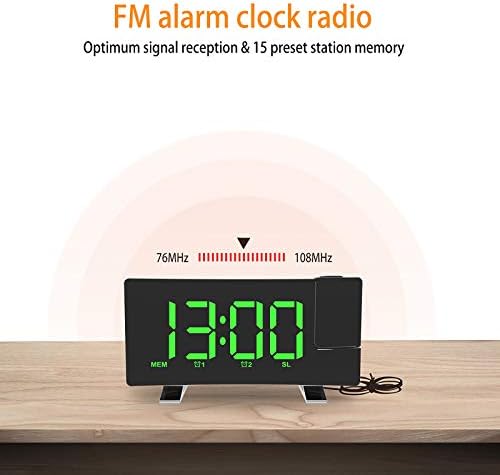Projection Ceiling Wall Clock Digital Projector Radio Alarm Clock FM Radio Clock 7.1" Wide Curved Screen LED Digital Desk/Shelf Clock USB Charging (Green Display)