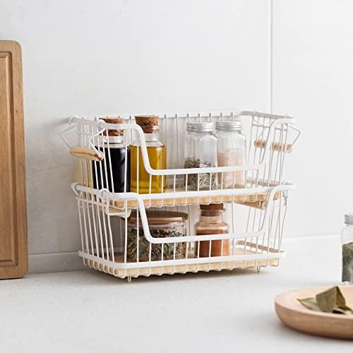 Navaris Wire Storage Baskets (Set of 2) - Stackable Metal Basket Set for Kitchen, Pantry, Counter, Countertop, Organising 16.5 x 31 x 14 cm - White