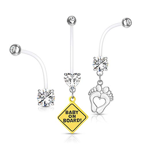 Body Accentz 3pc Pregnancy Maternity Belly Button Ring Feet Baby on Board CZ White