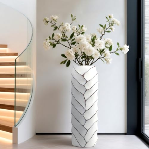 Modern Large Floor Vase,White Resin Vase with Minimalist Convexed Line for Home Decor,17.7'' Tall Flower Vases for Entryway Living Room
