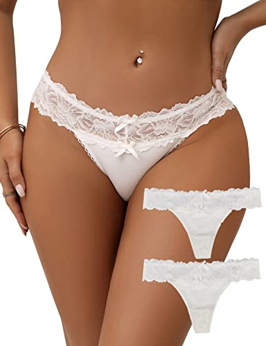 comeondear Weiß Slips Unterwäsche für Frauen 2er Pack Sexy Spitze String Tanga Set Thong Seamless Hipster Unterhose Stretch Atmungsaktiv Panties Höschen Reizwäsche Für Sie(Boxer 2er Weiß,M-L)