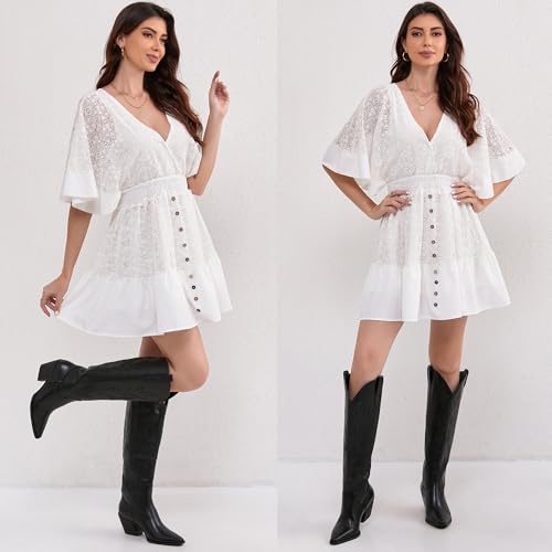 Image of iiimmu Cowgirl Boots Women Knee High Boots Pointed Toe and Block Heel Cowboy Suede and Faux Leather Boots with Embroidered
