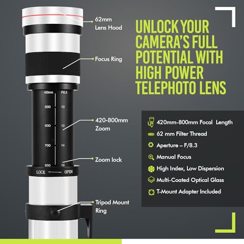 High-Power 420-800mm f/8.3 HD Manual Telephoto Zoom Lens for Canon EOS 80D, 90D, Rebel T3, T5, T7, 70D, 5D, 6D II, 7D II (White) - Thumbnail 2