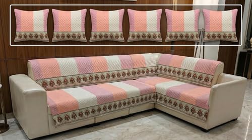 Image of Luxury Sofa Cover L Shape 6 Seater with Matching Cushion Cover 16x16 inch - Pastel Pink Stripe 3+3 Seater (6 Seater) Quilted Sofa Cover Set Pack of 11, Washable, Pink Peach Cream