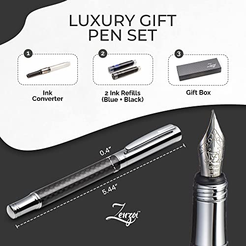 Zenzoi Carbon Fiber Fine Point Fountain Pen Set W/Schmidt Nib - Elite Executive Pen For Men Or Women. Premium Pen Gift Set W/Converter, Ink Refills & Nice Pen Box. Luxury Business Smooth Writing Pen #TOP2