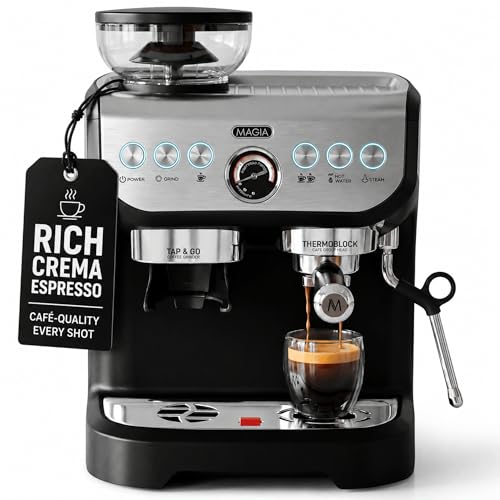 Zulay Kitchen Magia Manual Espresso Machine with Built-In Grinder & Steam Wand – 15 Bar Pressure Espresso Maker, 2L Removable Water Tank, Milk Frother, Complete Home Barista Set, Black & Silver