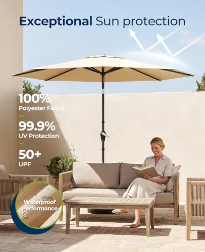 MUCHENGHY 9ft Patio Umbrella, Outdoor Market Table Umbrella with Push Button Tilt and Crank, 8 Ribs UV Protection Sun Shade for Lawn, Deck, Garden, Fishing, Backyard & Pool(Beige) image 1